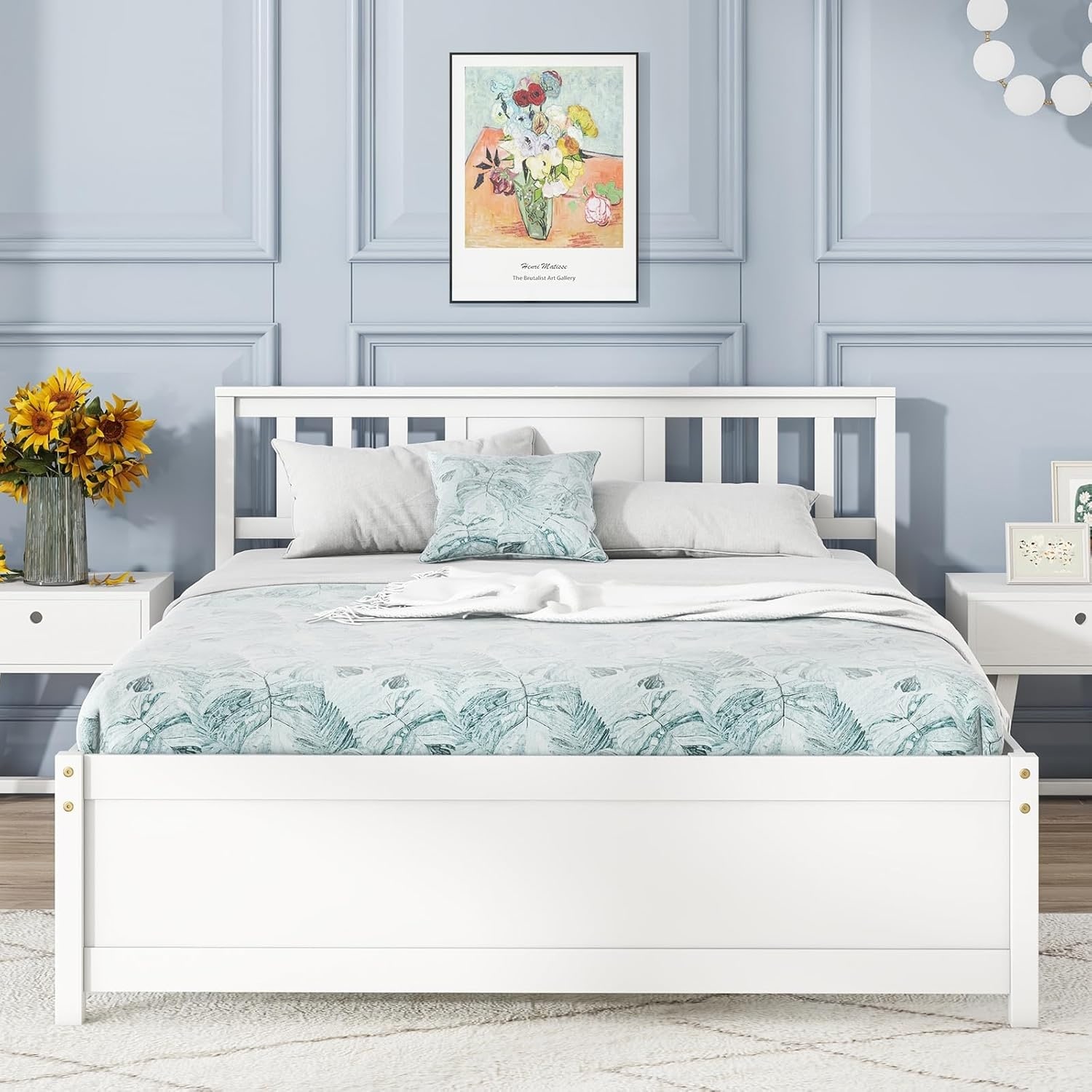 Full Size Solid Wood Platform Bed Frame with Headboard, Mid Century Design, White Finish, Easy Assembly