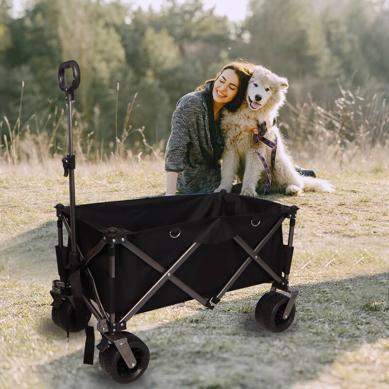 Heavy Duty Utility Folding Wagon Cart with Big Wheels, Adjustable Handle&Drink Holders