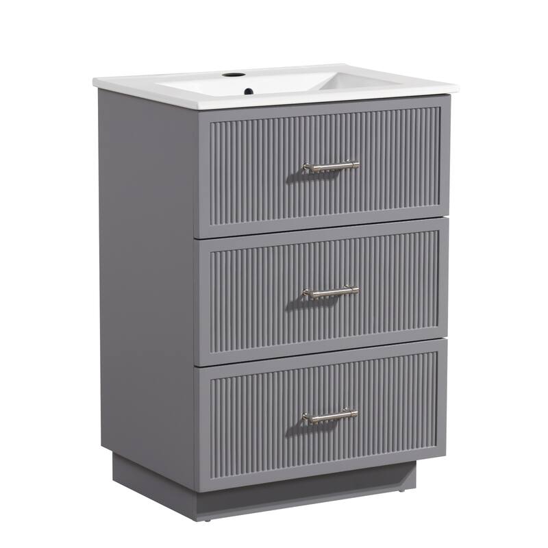 30" Freestanding Bathroom Vanity with Ceramic Sink and 2 Storage Drawers, Stylish Gray Floor Cabinet