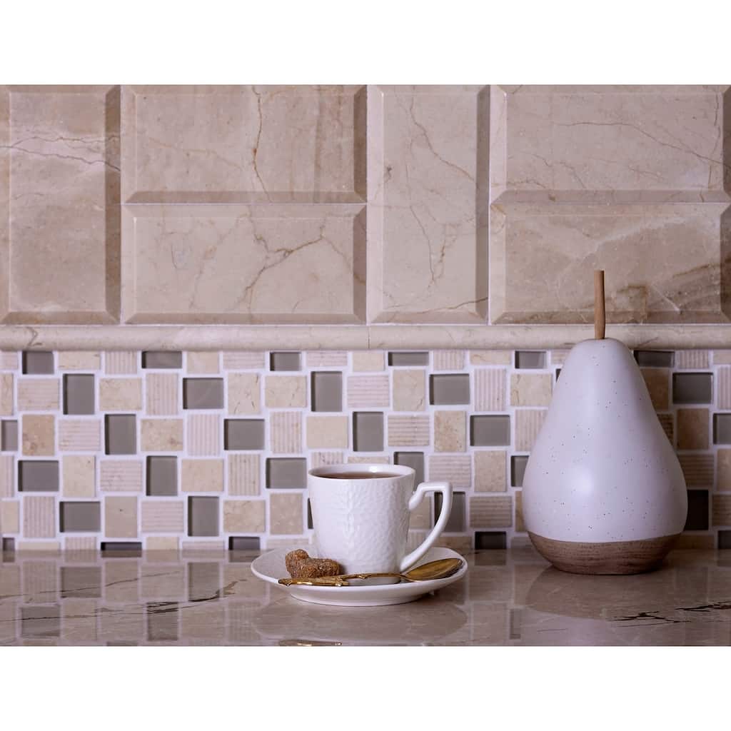 Apollo tile 12 x 12 Sparta Polished, etched Beige Glass Crema Marfil Marble Tile(4.83 sq ft/case) - 5 Pack
