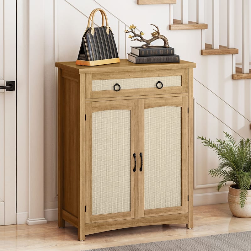 Moasis Farmhouse 20 Pairs Shoe Cabinet with Drawer Rattan Shoes Rackt with Doors for Entryway Hallway