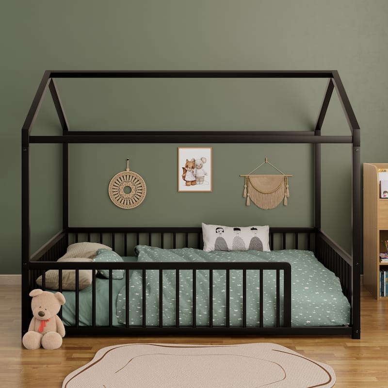 Montessori Metal House Bed with Low Entry & 3-Side Fence by Harper&Bright Designs