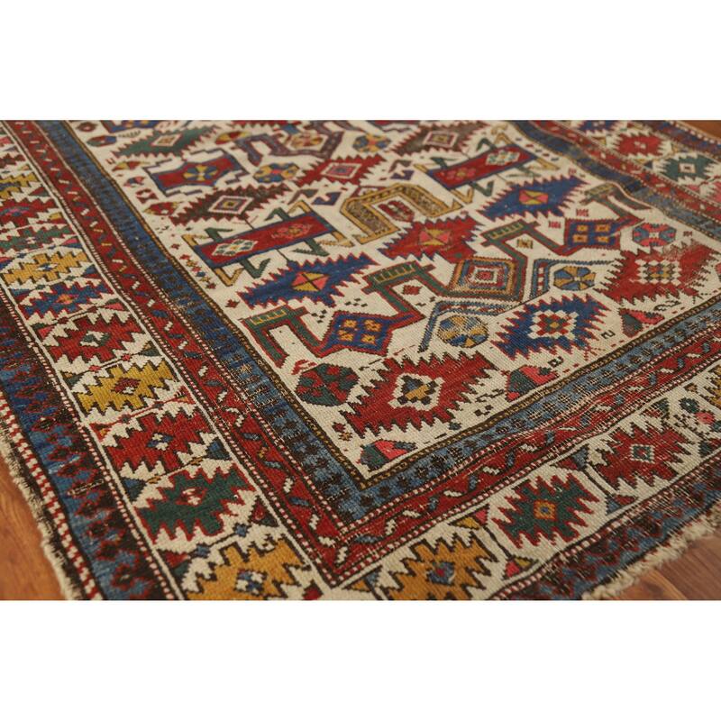 Hand Knotted Oriental 100% Wool Carpet Traditional Tribal Beige & Ivories Kazak Area Rug - 4' 11'' X 3' 4''