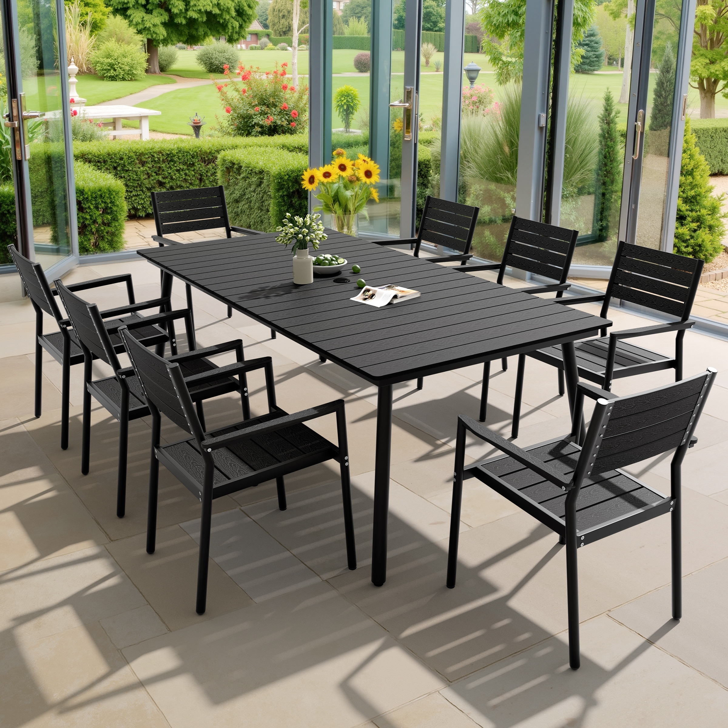 9-Piece Outdoor Patio Rectangle Aluminum Dining Table with Stackable Chairs