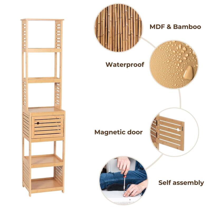 Tall Bathroom Storage Cabinet with Multiple Shelves and Vented Door, Natural - Trinidad Collection - 13 7/8"L x 10.4"W x 68"H