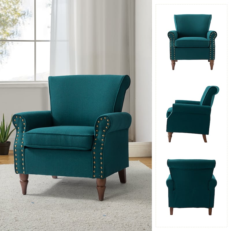 Nyctelius Upholstered Comfy Accent chair with Classic Turned Wooden Legs and Nailhead Trim by HULALA HOME