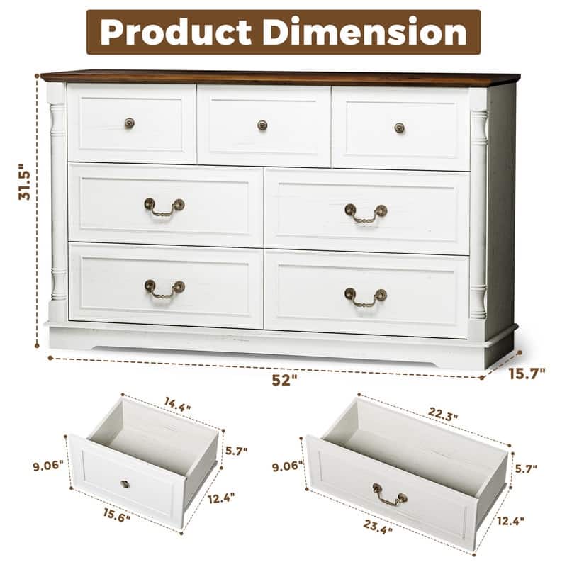 7-Drawer White Modern Dresser, 52" White Wooden Storage Dresser for Bedroom