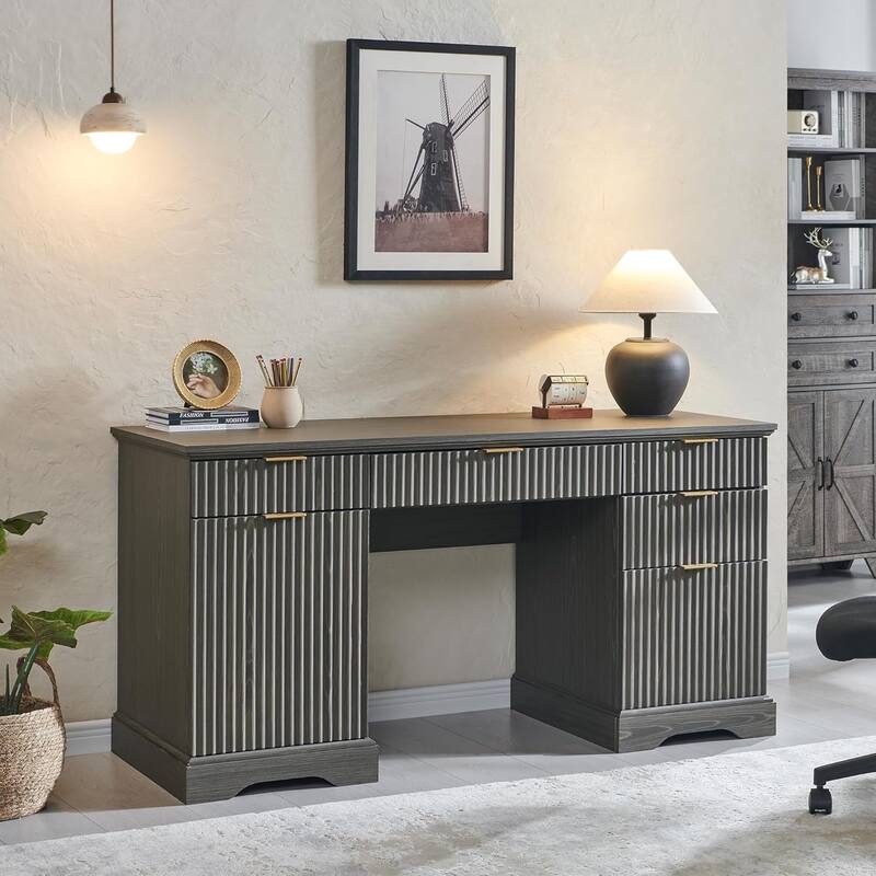 58" Modern Executive Desk with Storage, Wood Home Office Desk - Grayish Green