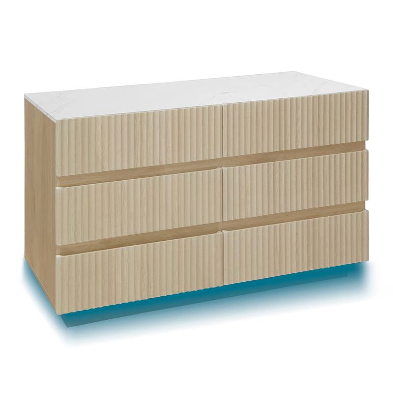 Fluted 6 Drawer Dresser, Double Dresser Chest with LED lights