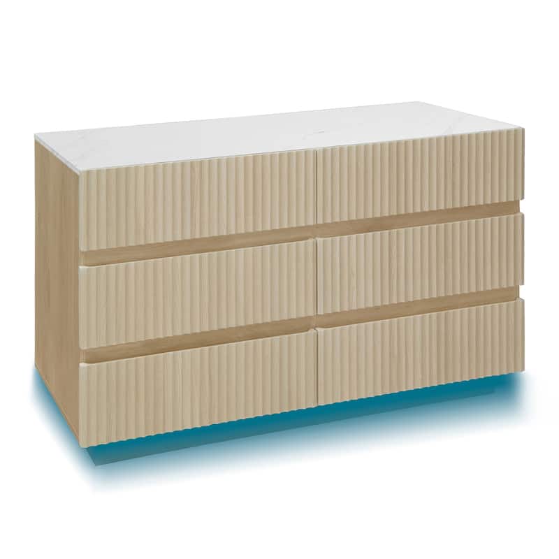 Fluted 6 Drawer Dresser with LED Lights, Wooden Drawer Organizer Cabinet, Large Capacity Bedroom Storage Cabinet