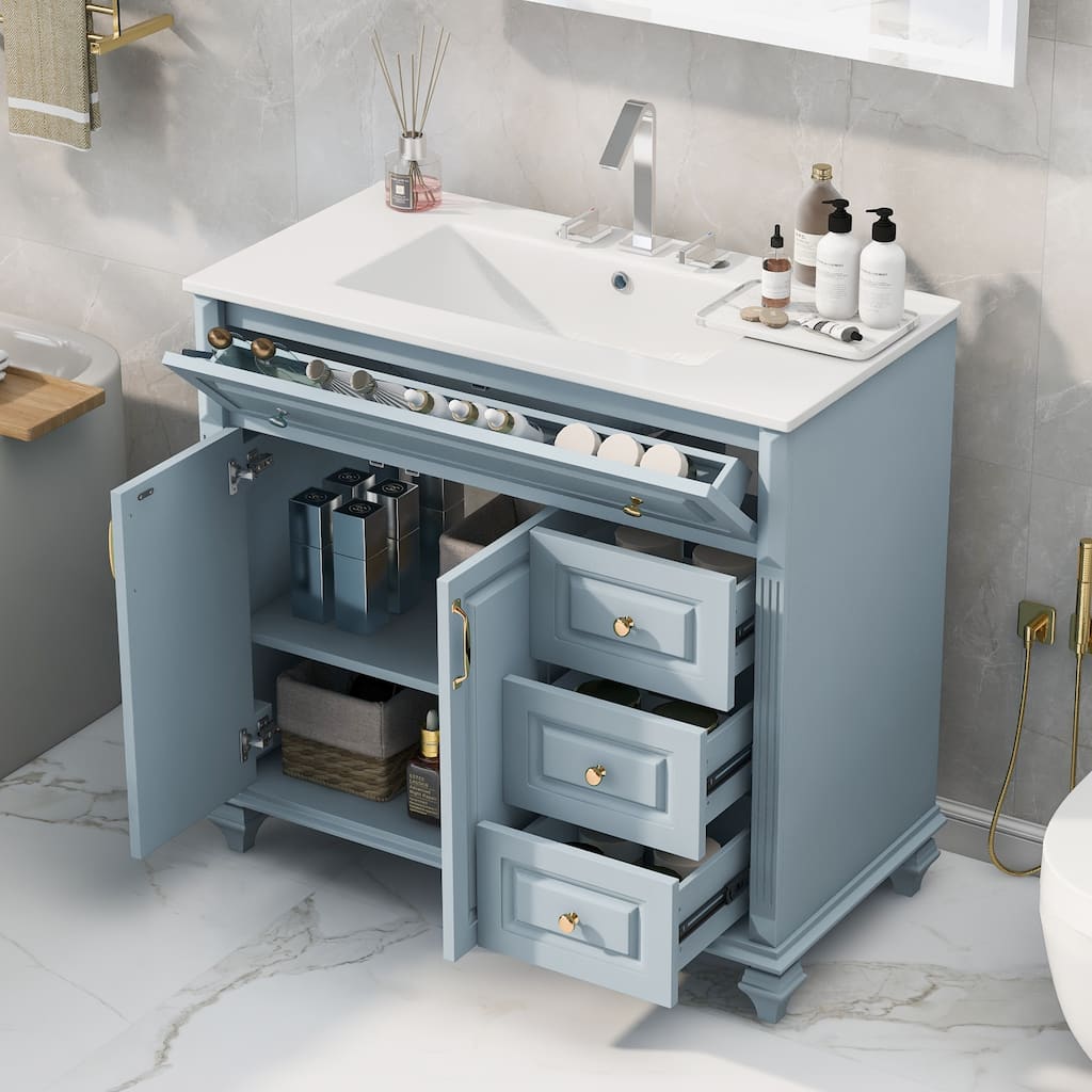 36" Bathroom Vanity with Sink, Blue Grey Solid Wood Bathroom Cabinet with Flip Drawer, 3 Drawers & 2 Doors