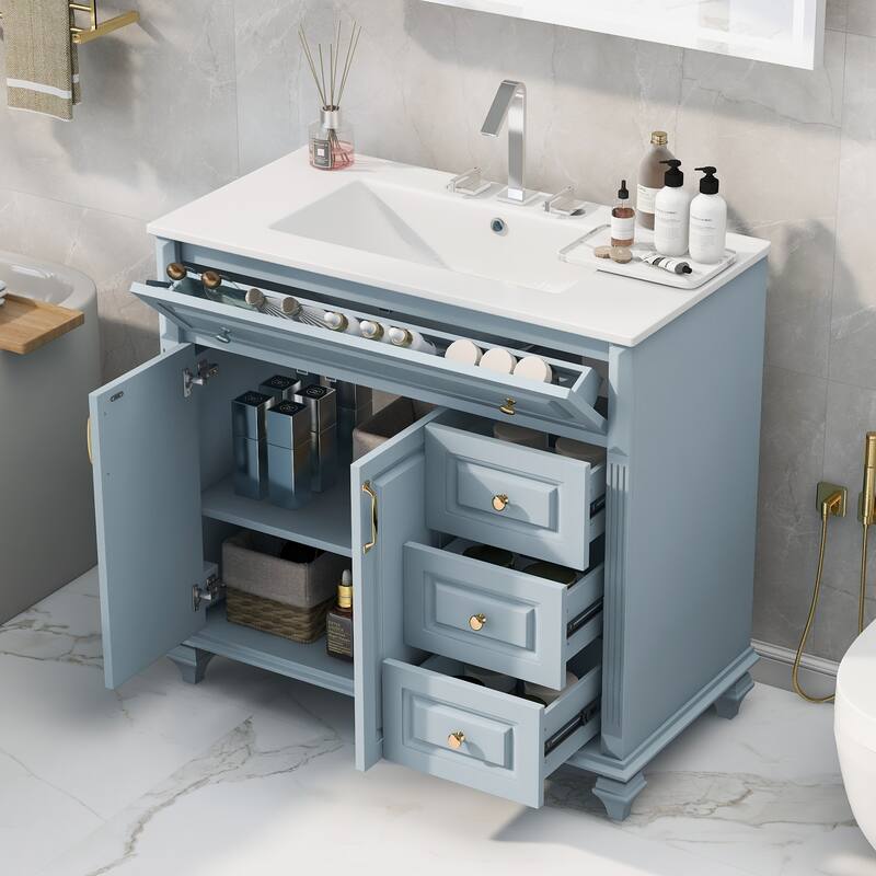 Roomfitters 36" Bathroom Vanity with Sink, Solid Wood Frame, Flip Drawer, 3 Drawers & 2 Doors