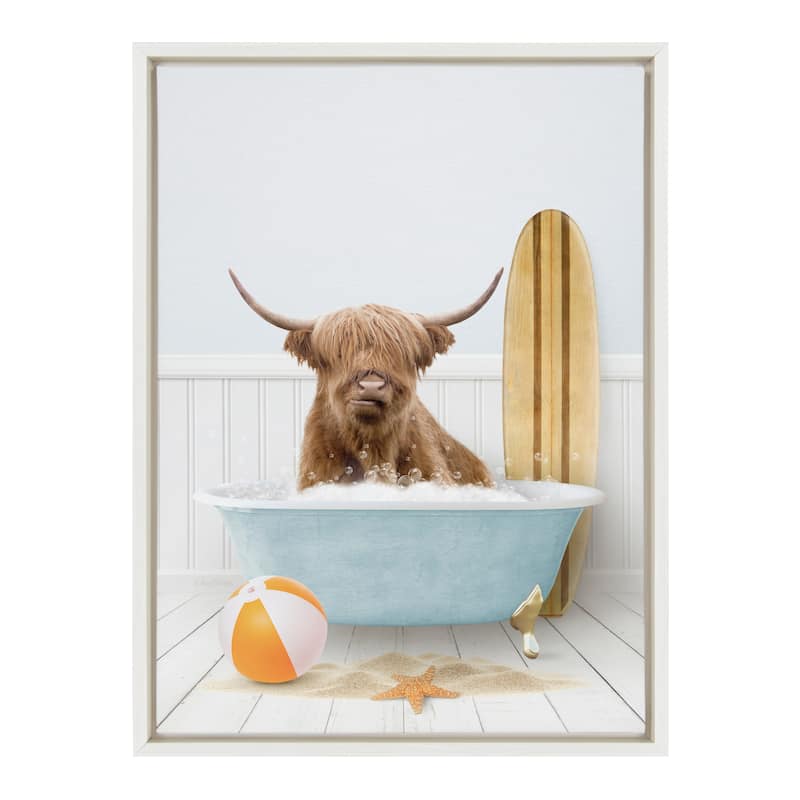 Kate and Laurel Sylvie Cow Surf Bath Framed Canvas by Amy Peterson