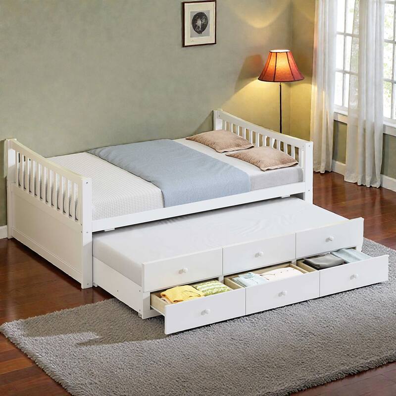 Daybed with Trundle and 3 Drawers, Solid Wood Twin/Full Daybed with Storage, Space-Saving Guest Bed