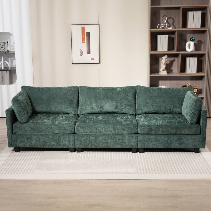 Chenille Upholstered 3 Seater Sofa, Cloud Sofa with 2 Pillows, Deep Seat Sofa with Storage Pocket for Living Room, Apartment