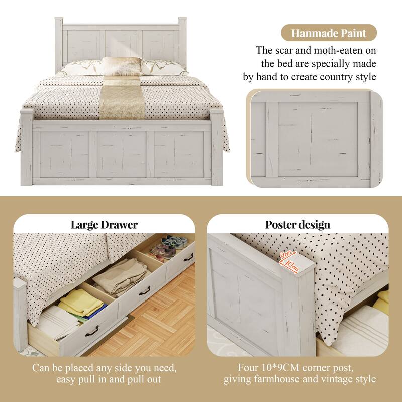 White Distressed Platform Bed Frame Wood Panel Bed w/ 3 Storage Drawers
