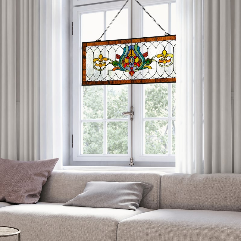 River of Goods Fleur De Lis Stained Glass Pub Window Panel - 30"L x 0.25"W x 14"H