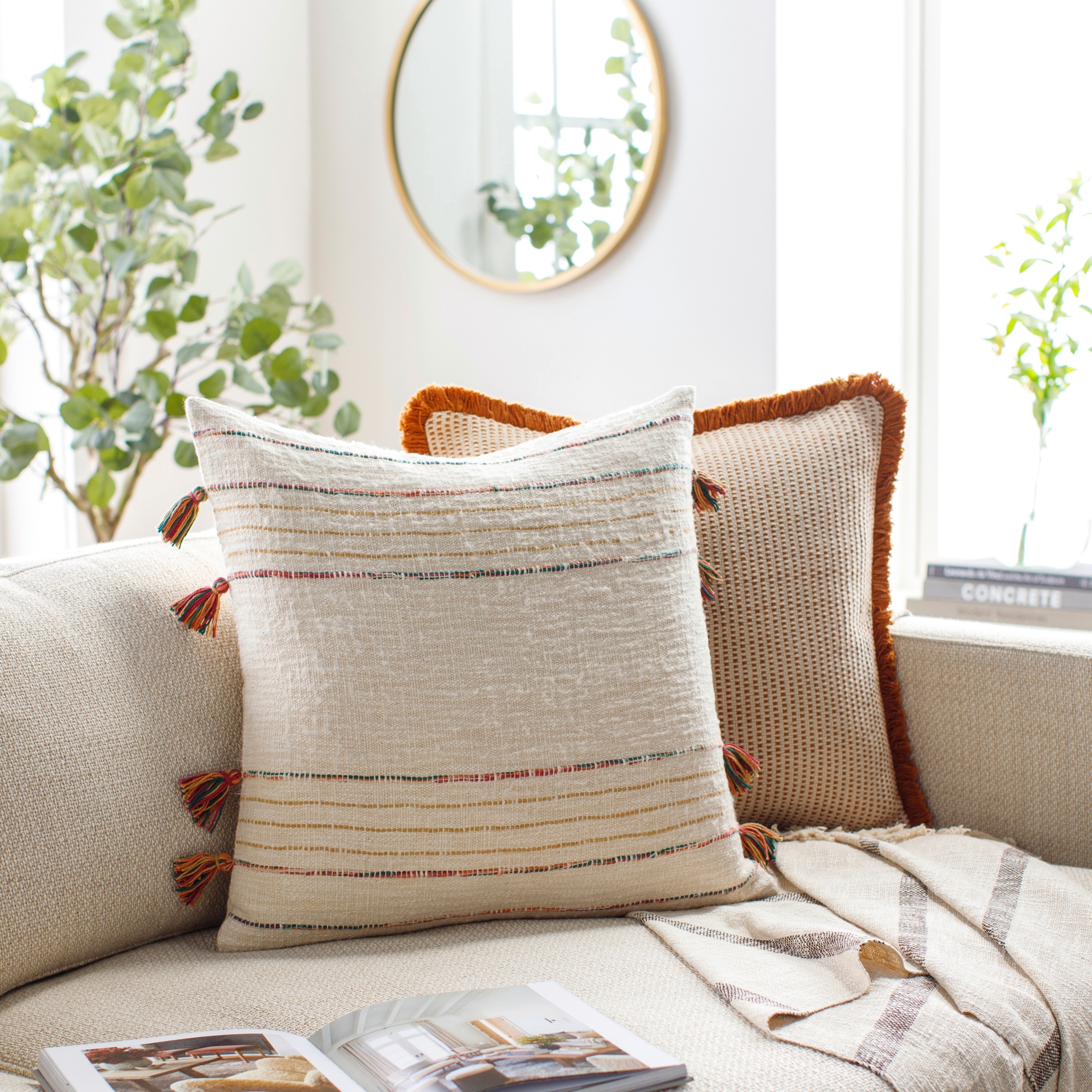 Imblera Thin Stripe Throw Pillow with Multicolored Tassel Accents
