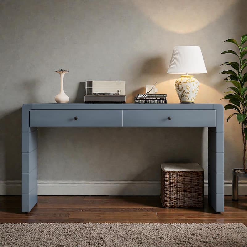 Curved Farmhouse Console Table with Storage, Wooden Entryway Table with 2 Drawers for Hallway - Navy