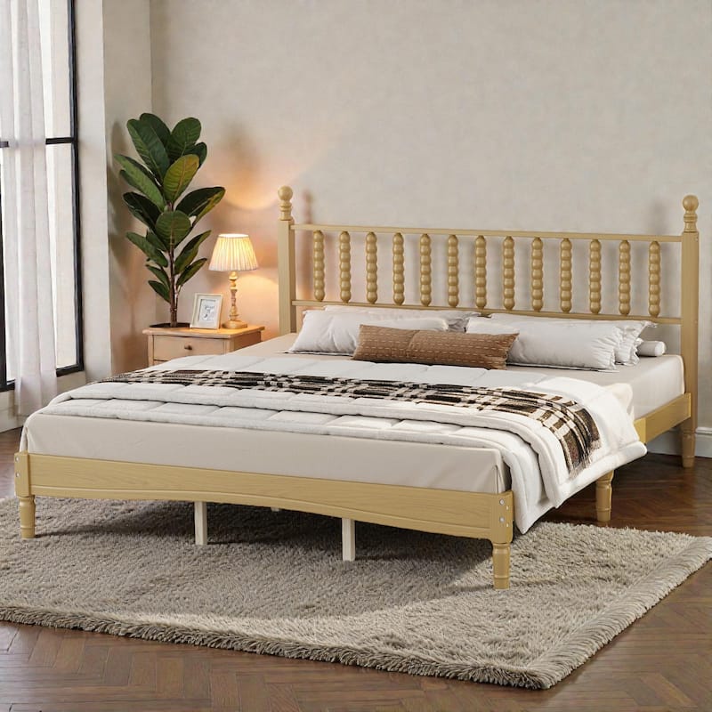 Retro Wood Platform Bed with Gourd Shaped Headboard, Wooden Slat Support, No Box Spring Needed - Natural - King