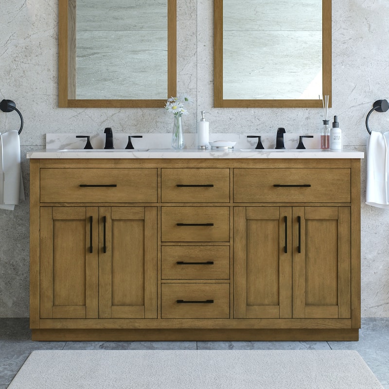 Athea Bathroom Vanity with White Engineered Marble Top - 60" - Almond Latte with Matte Black Hardware