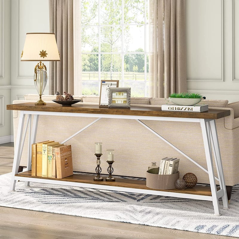 Industrial Wood Console Sofa Table for Entryway Hallway - Light Brown & White