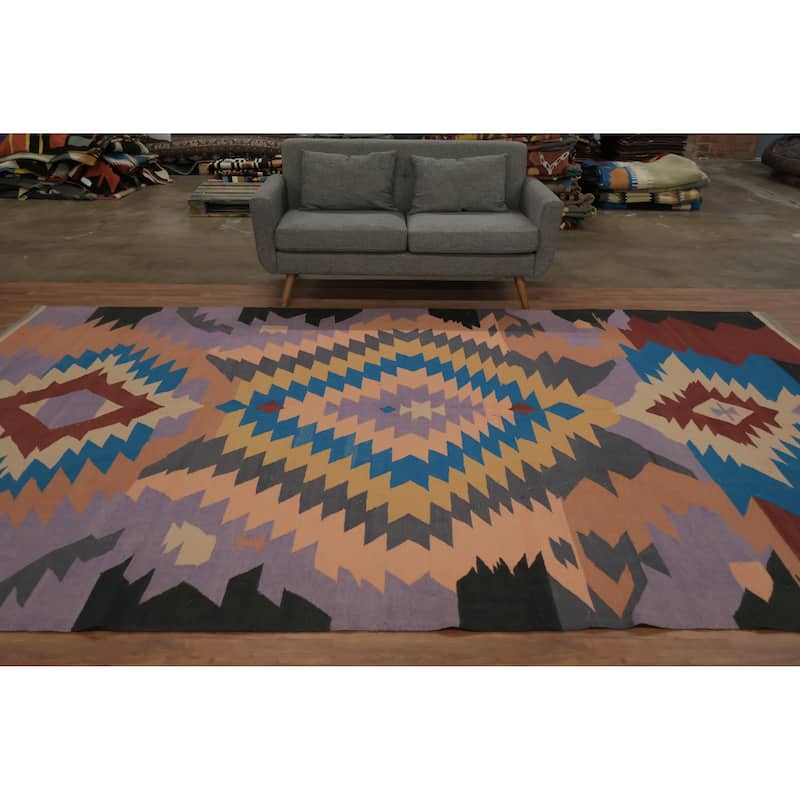 Hand Woven Oriental 100% Wool Carpet Southwestern Tribal Multi-Colored Kilim Area Rug - 13' 3'' X 8' 4''