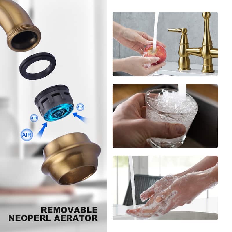 WOWOW 4 Hole Double Handle Bridge Kitchen Faucet with Side Sprayer