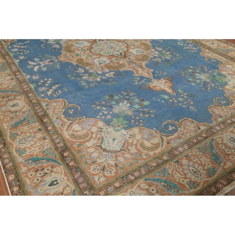 Blue Tabriz Persian Vintage Rug Hand-Knotted Wool Carpet - 9'6"x 12'9"
