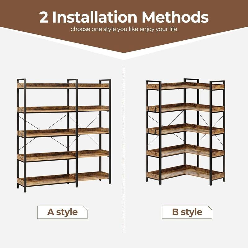 5 Tier Modern Industrial Wood Bookcase, Corner Bookshelf for Living Room, Bedroom