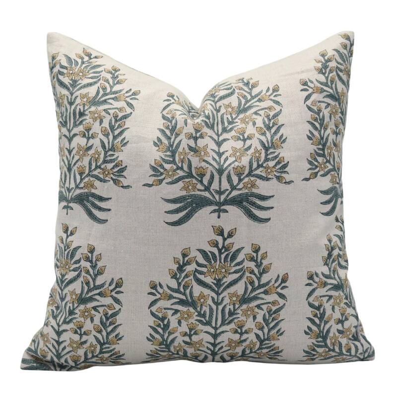 Fabdivine Polka Dots Grey Pure Linen Cushion Cover Soft, 12x20 Inches Handmade Block Print Bedroom or Farmhouse Décor, Shivri - Pillow Covers - Vrindavan- Green, Brown - 14" x 14"