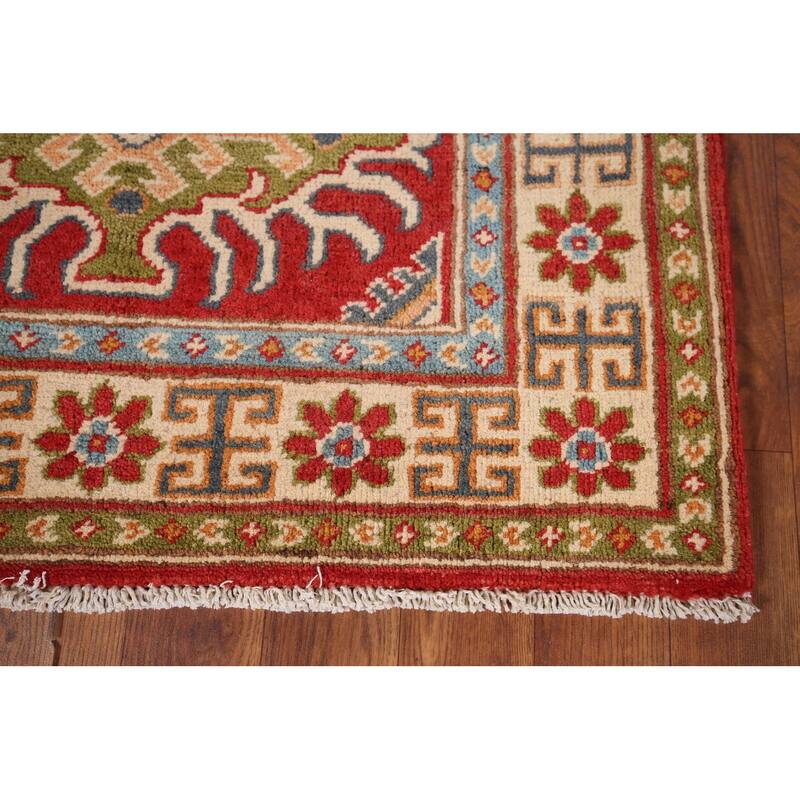 Red Geometric Kazak Foyer Rug Hand-Knotted Oriental Wool Carpet - 2'9" x 4'0"