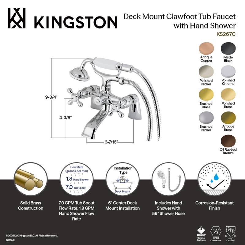 Kingston Brass Deck Mount Clawfoot Tub Faucet with Hand Shower in Matte Black