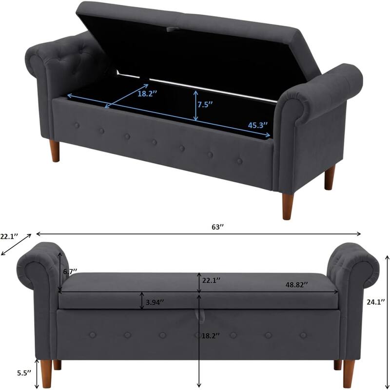 Multipurpose Rectangular Linen Sofa Stool with Large Space Saving Storage, 4 Rubber Wood Feet - 63 x 22.1 x 24.1 inch