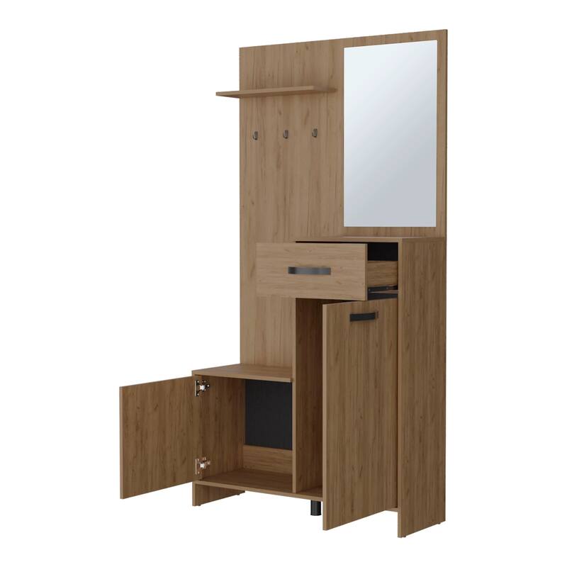 Tall Hall Tree with Mirror, Multi-Shelf Storage, Drawer, and Adjustable Legs for Organized Entryways