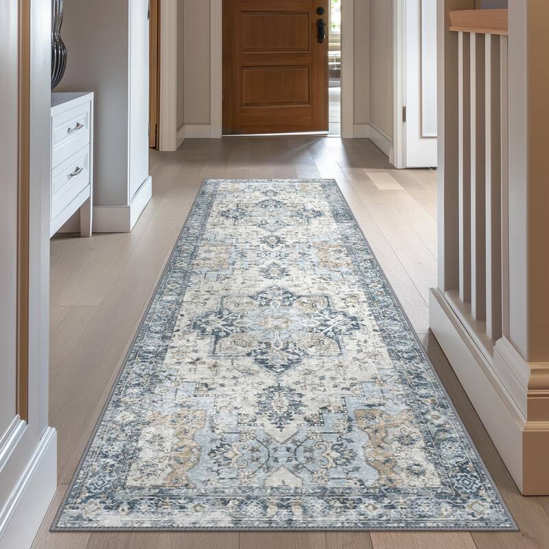 Mcow Neutral Floral Low Pile Machine Washable Non-Slip Area Rug