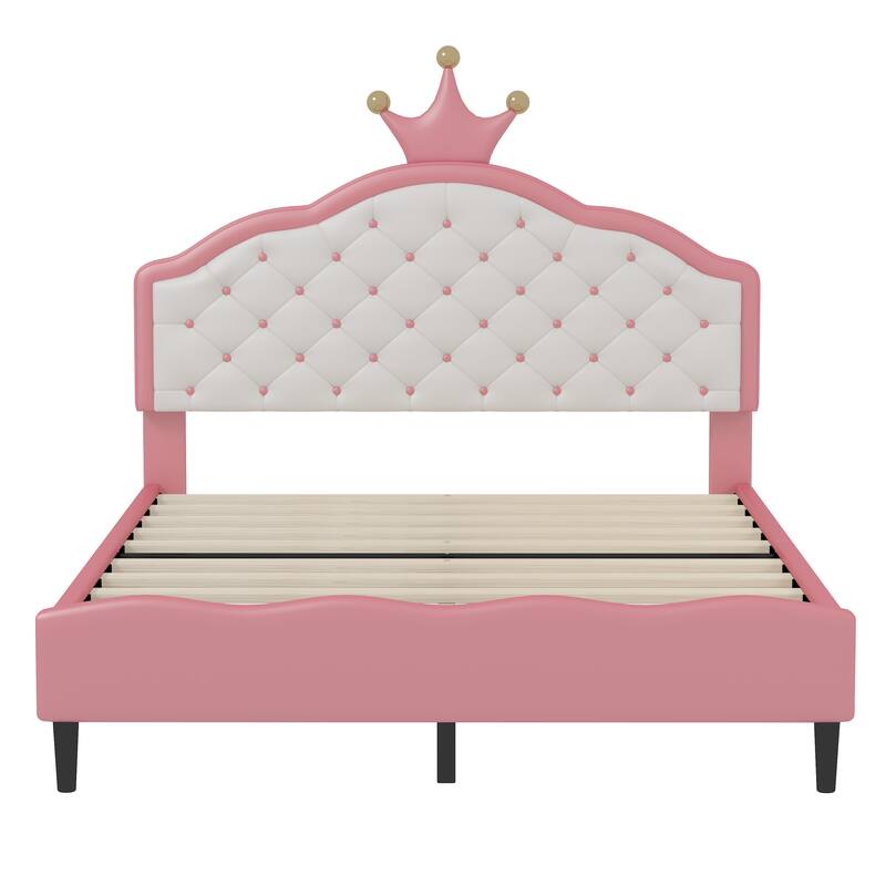 Crown-Shaped PU Leather Princess Bed with Tufted Headboard, Full Size Pink & Cream