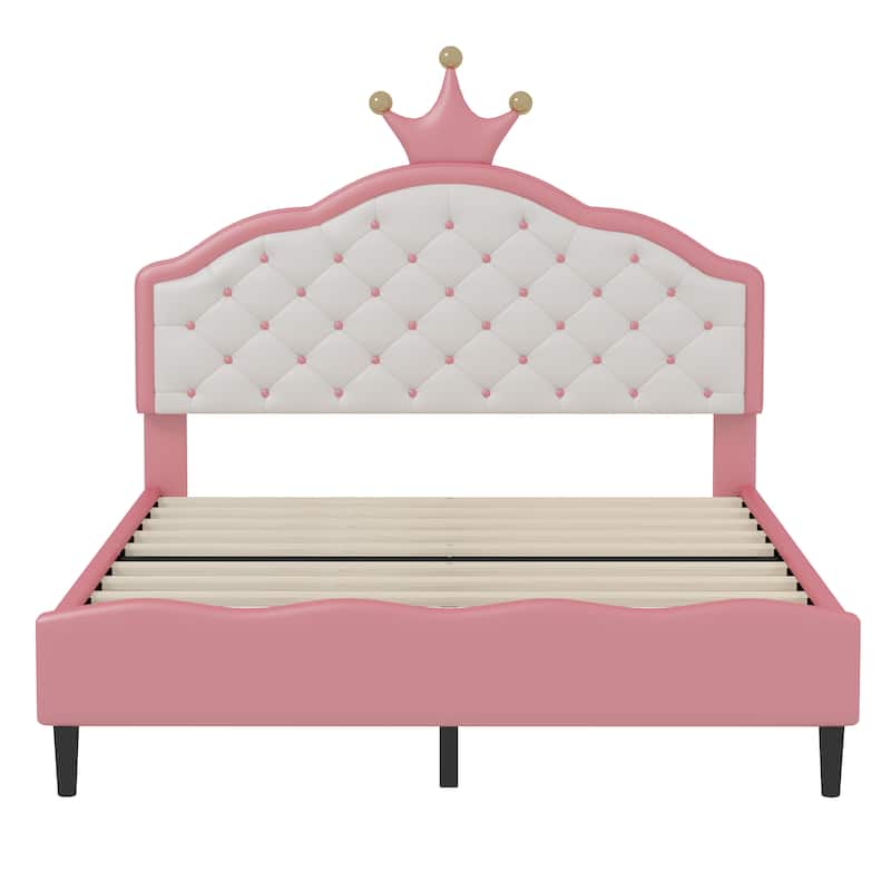Full Size Crown Fantasy PU Leather Princess Bed with Tufted Headboard Pink and Cream Dreamy Design for Girls