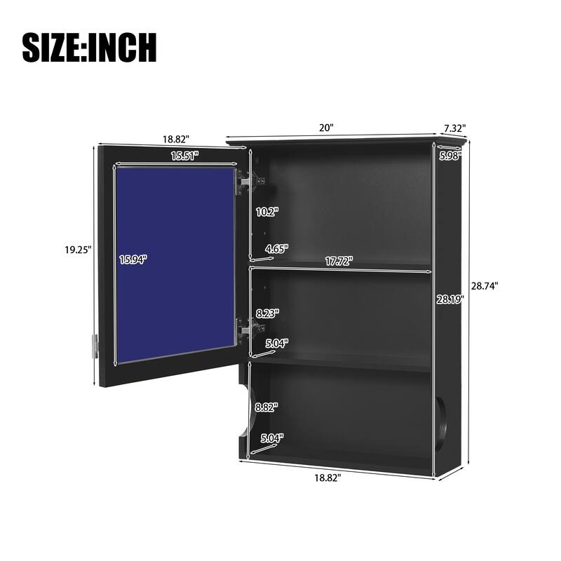 20'' Wall Mounted Bathroom Medicine Cabinet with Mirror, Solid Wood Frame Mirrored Storage Cabinet with Adjustable Shelf