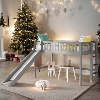 Twin Size Low Loft Bed with Ladder and Slide, Space-saving, Gray