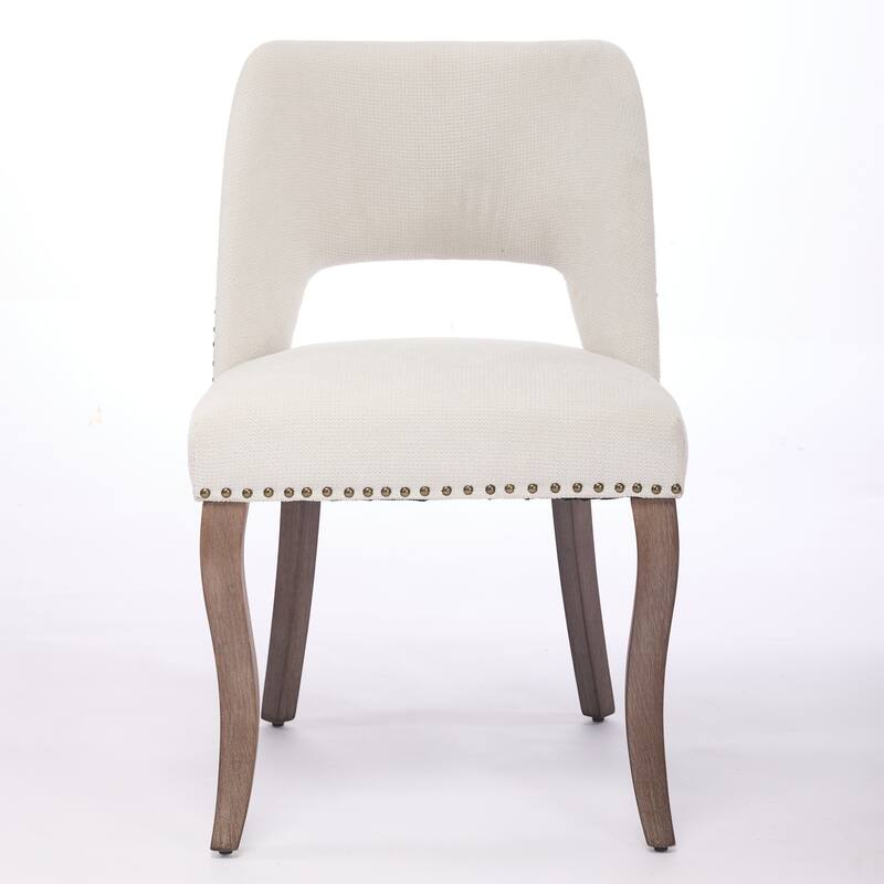 Modern Fabric Upholstered Dining Chairs Set of 2, Farmhouse Wooden Dining Room Chairs with Curved Backrest, Rivet Trim