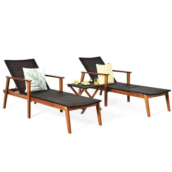 3 Pcs Patio Wooden Frame Rattan Lounge Chaise Chair Set With Folding Table 80 X 28 X 14 5 24 5 29 5 Overstock 33181680