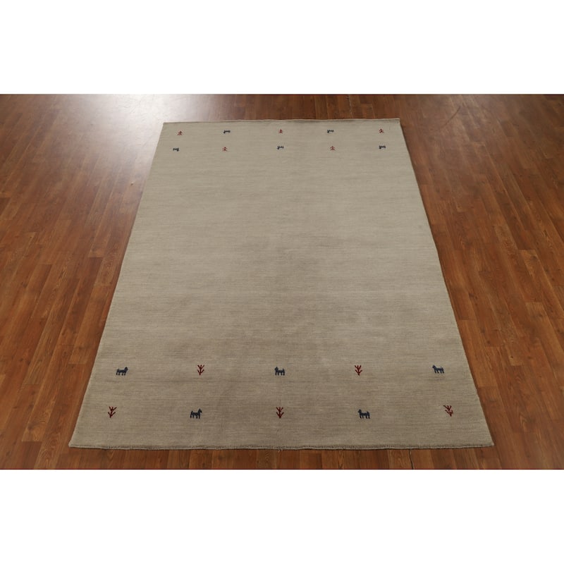 Hand Knotted Oriental 100% Wool Carpet Tribal Animal Pictorial Beige & Ivories Gabbeh Area Rug - 7' 7'' X 5' 4''