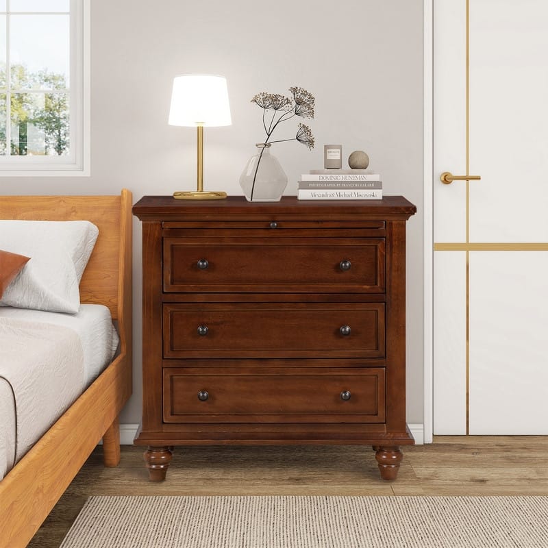 Farmhouse 3-Drawers Wood Nightstands with Pull Out Tray and Solid Wood Legs