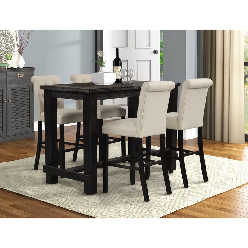Roundhill Furniture Leviton Antique Black Finished Wood 5-Piece Pub Set, Table with 4 Upholstered Barstools - Beige