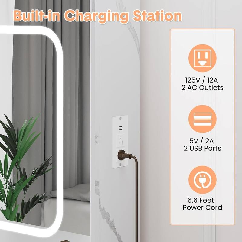 4 Drawers Dressing Table, Makeup Vanity Desk with 3 Color Adjustable Lights Mirror for Bedroom