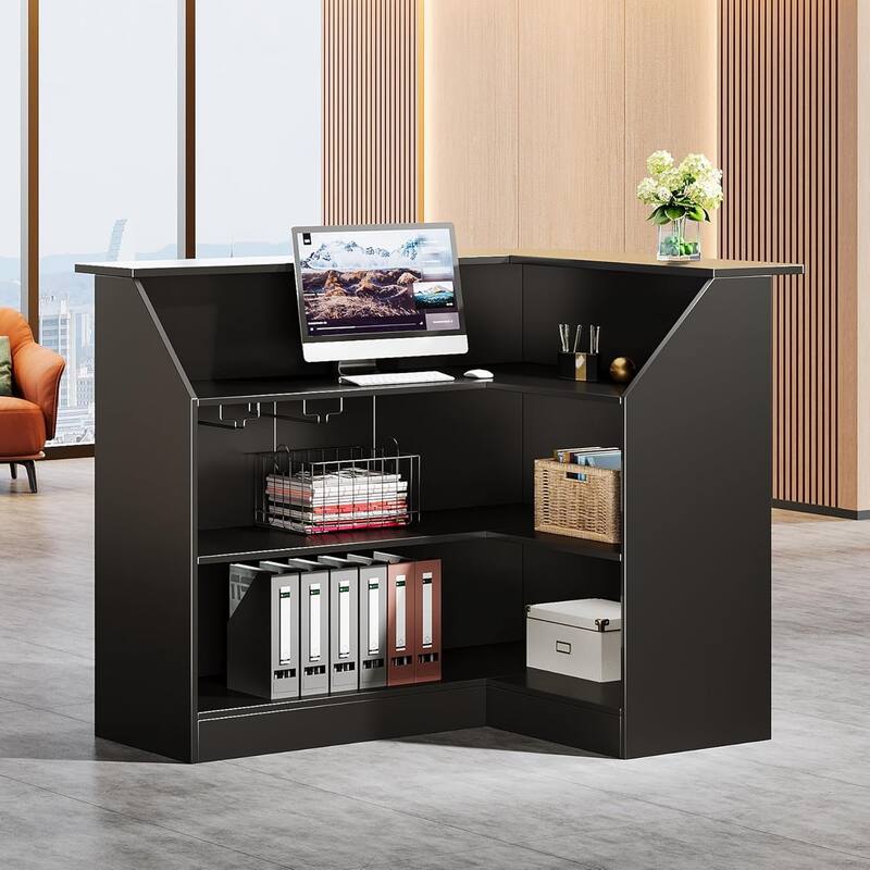 Reception Desk with Storage Shelves, L-Shaped Modern Front Desk