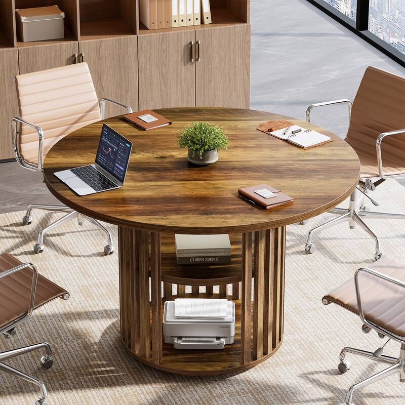 47 Inch Round Conference Table with Storage and Solid Wood Base - 47.24" D x 47.24" W x 29.53" H