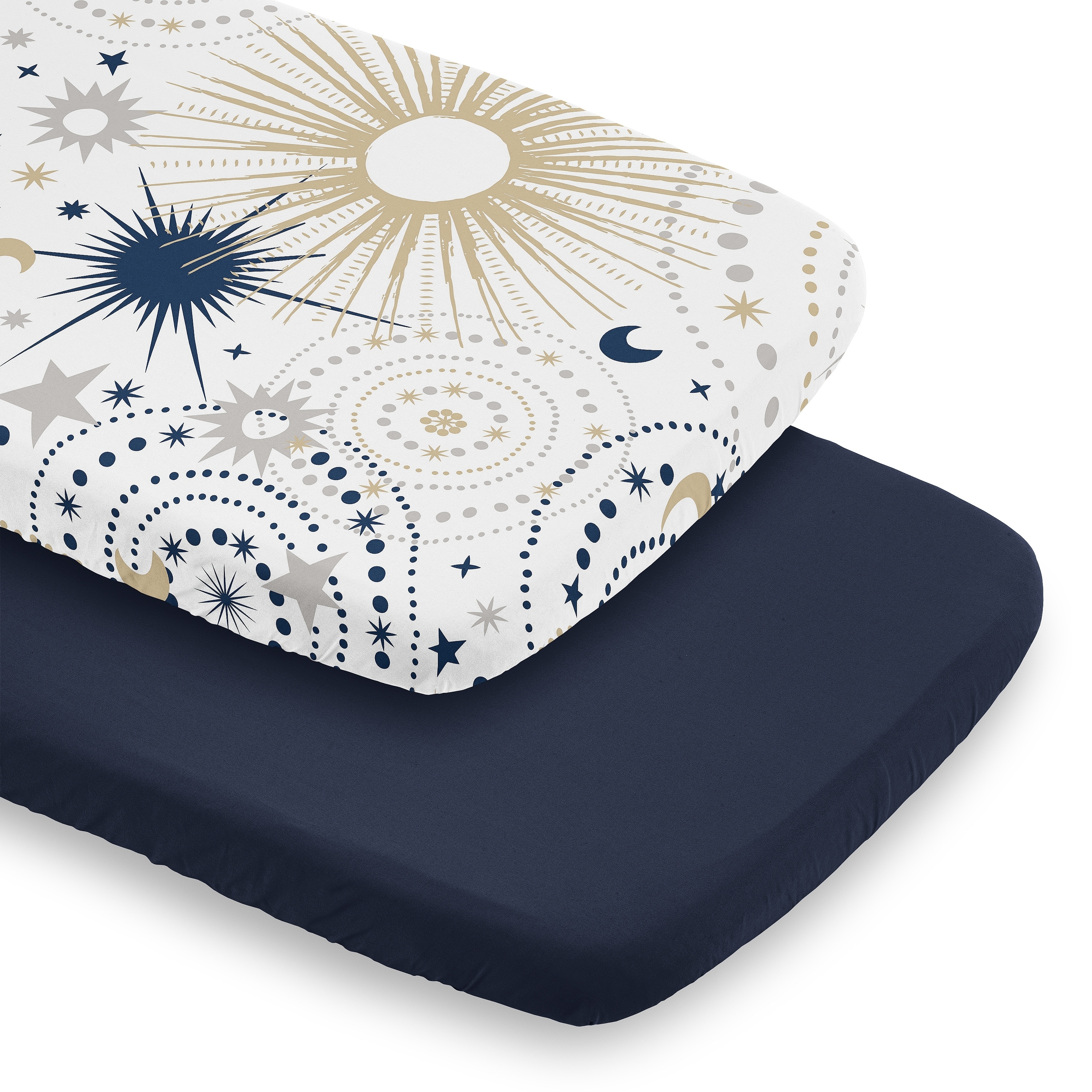 Sweet Jojo Designs Star & Moon Boy, Girl, Unisex/Gender Neutral 2 Pack Baby Bassinet Fitted Sheets -Solid Blue & Celestial Stars