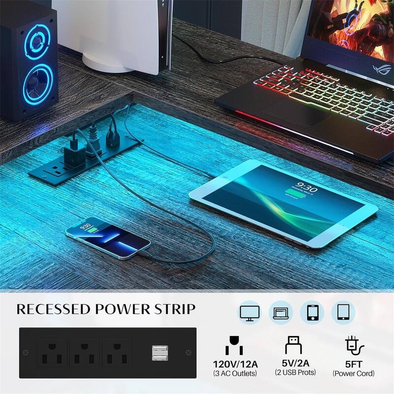 L Shaped Desk with Power Outlet and LED Strip